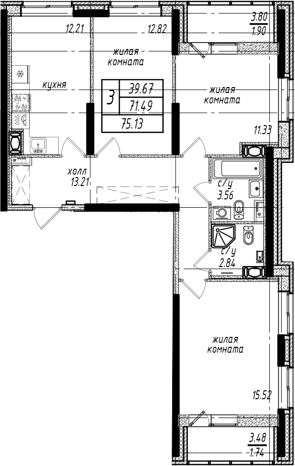 3-комнатная квартира 75.13 м², 7/25 эт., ЖК «Северная Долина»